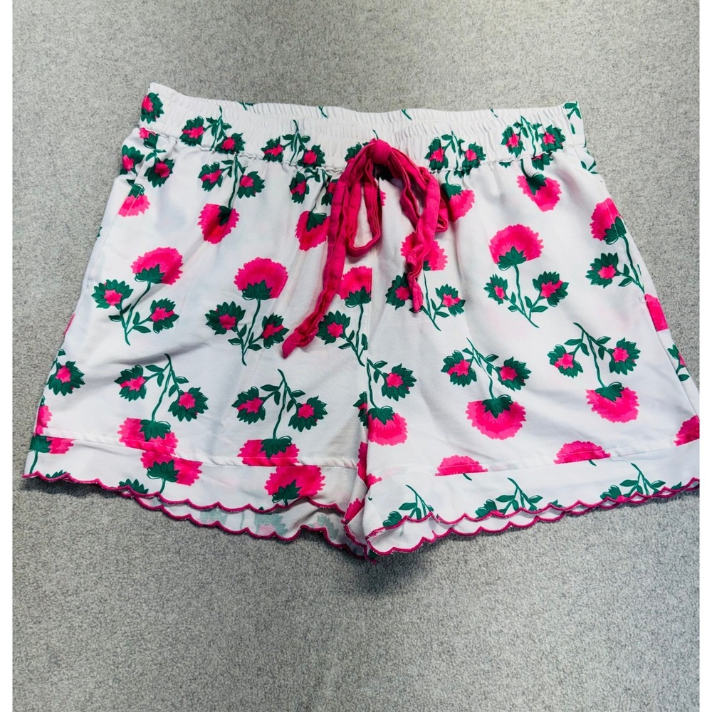 Mud Pie Floral Shorts Womens S White Pink Scalloped Hem Drawstring Relaxed Boho